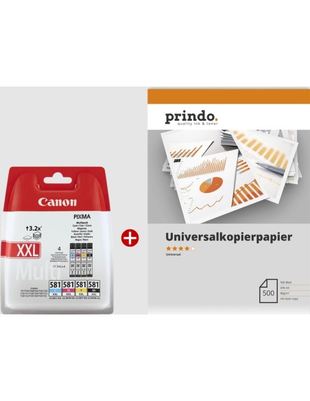 ORIGINALE Canon Value Pack nero / ciano / magenta / giallo CLI-581 XXL MCVP + Prindo Universal Papier 500 Blatt